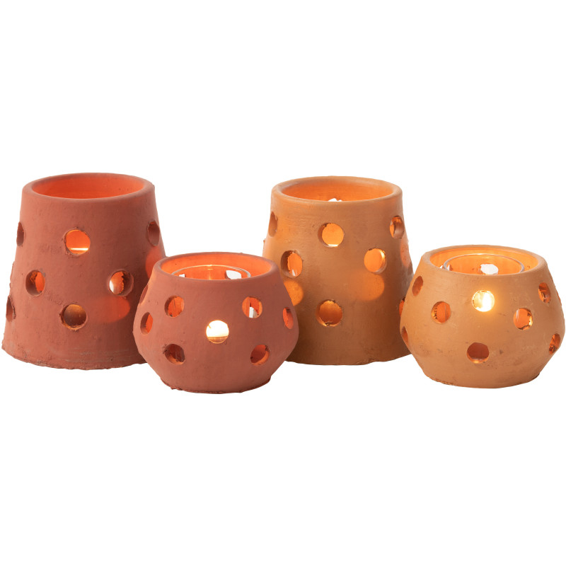 Lot de 2 Photophores style bord de mer Conique 9 cm Argile Marron Terracotta Verre Transparent Ibiza 