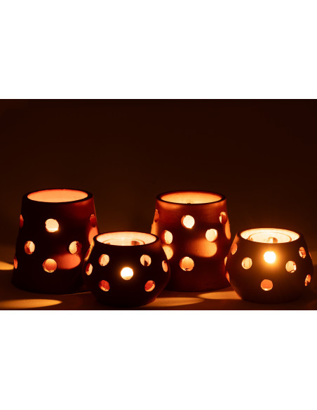 Lot de 2 Photophores style bord de mer Conique 9 cm Argile Marron Terracotta Verre Transparent Ibiza 