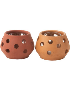 Lot de 2 Photophores style bord de mer Boule 11 cm Argile Marron Terracotta Verre Transparent Ibiza 