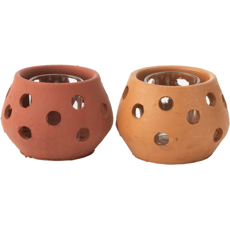 Lot de 2 Photophores style bord de mer Boule 11 cm Argile Marron Terracotta Verre Transparent Ibiza 