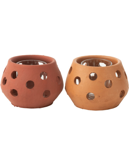 Lot de 2 Photophores style bord de mer Boule 11 cm Argile Marron Terracotta Verre Transparent Ibiza 