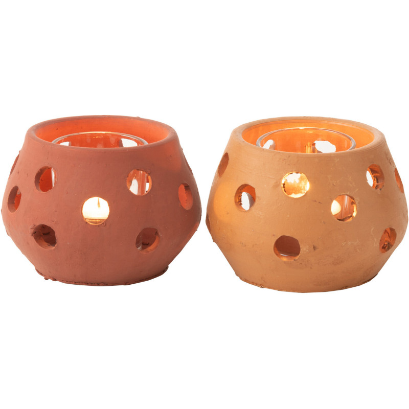 Lot de 2 Photophores style bord de mer Boule 11 cm Argile Marron Terracotta Verre Transparent Ibiza 