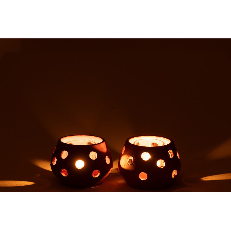 Lot de 2 Photophores style bord de mer Boule 11 cm Argile Marron Terracotta Verre Transparent Ibiza 