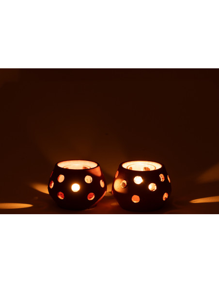 Lot de 2 Photophores style bord de mer Boule 11 cm Argile Marron Terracotta Verre Transparent Ibiza 