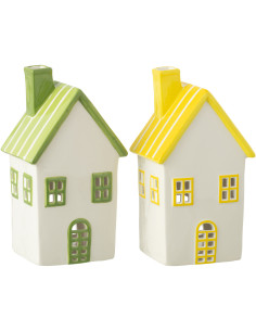 Lot de 2 Photophores design Maisons H 21 cm Dolomite Vert Jaune Blanc Motif rayures Casitia 