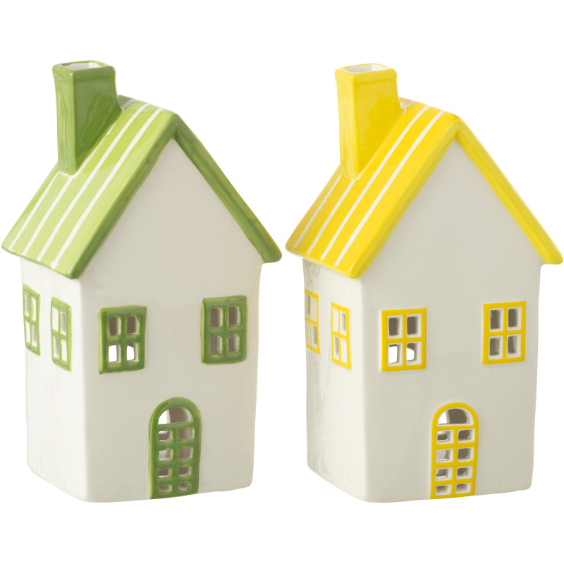 Lot de 2 Photophores design Maisons H 21 cm Dolomite Vert Jaune Blanc Motif rayures Casitia 