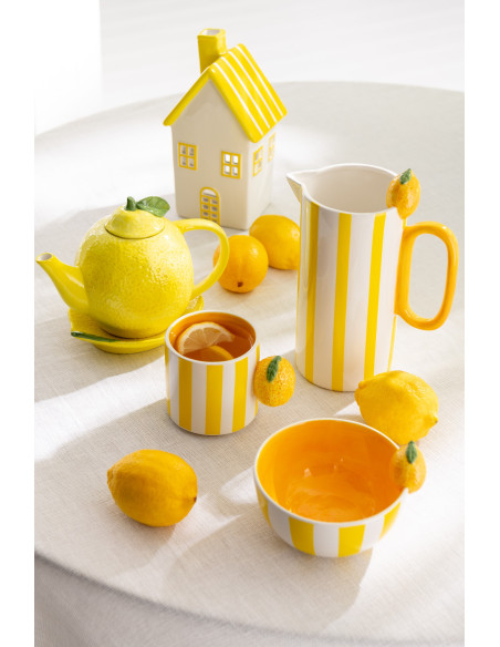 Lot de 2 Photophores design Maisons H 21 cm Dolomite Vert Jaune Blanc Motif rayures Casitia 