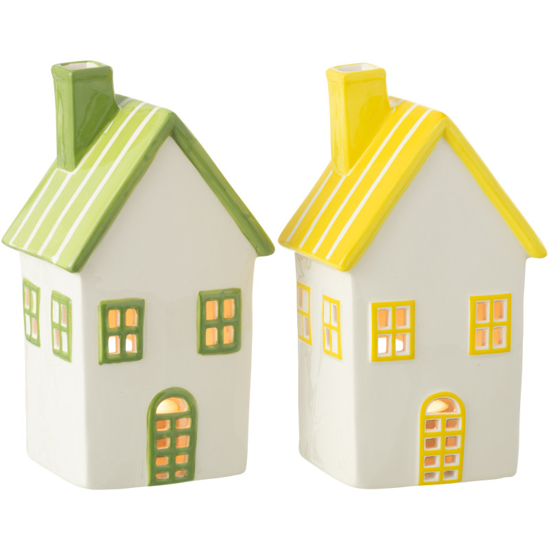 Lot de 2 Photophores design Maisons H 21 cm Dolomite Vert Jaune Blanc Motif rayures Casitia 