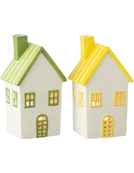 Lot de 2 Photophores design Maisons H 21 cm Dolomite Vert Jaune Blanc Motif rayures Casitia 