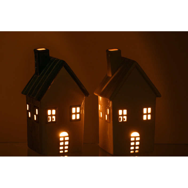 Lot de 2 Photophores design Maisons H 21 cm Dolomite Vert Jaune Blanc Motif rayures Casitia 