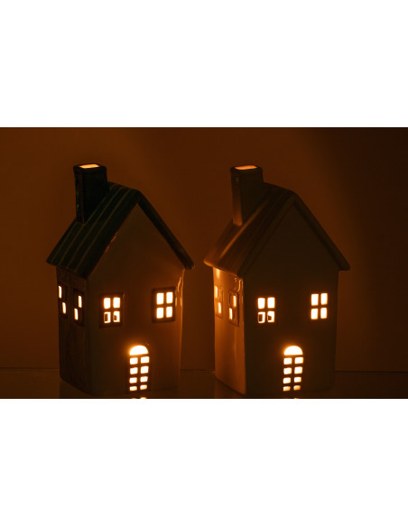 Lot de 2 Photophores design Maisons H 21 cm Dolomite Vert Jaune Blanc Motif rayures Casitia 