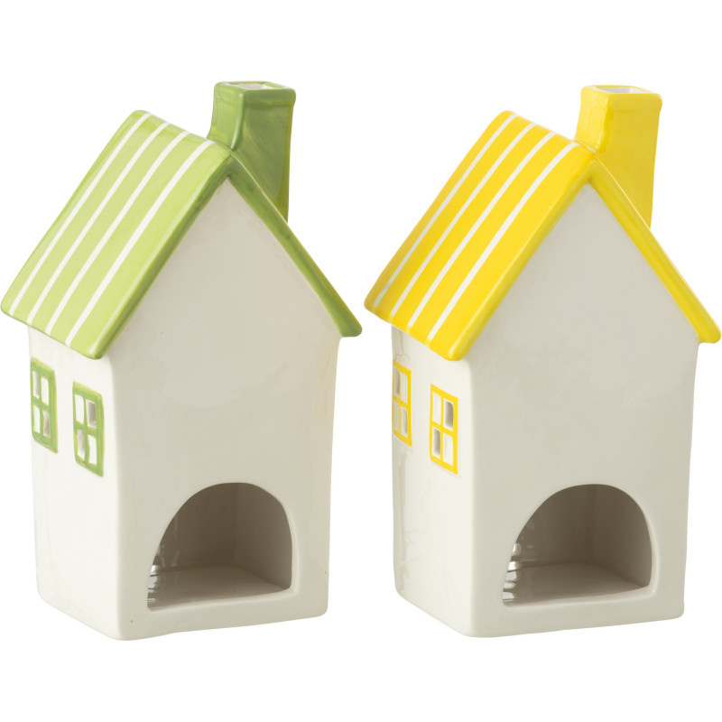 Lot de 2 Photophores design Maisons H 21 cm Dolomite Vert Jaune Blanc Motif rayures Casitia 