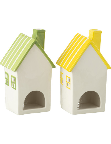 Lot de 2 Photophores design Maisons H 21 cm Dolomite Vert Jaune Blanc Motif rayures Casitia 