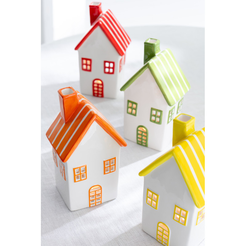 Lot de 2 Photophores design Maisons H 21 cm Dolomite Vert Jaune Blanc Motif rayures Casitia 