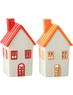 Lot de 2 Photophores design Maisons H 21 cm Dolomite Rouge Orange Blanc Motif rayures Casitia 