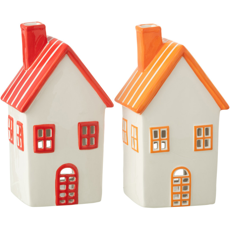 Lot de 2 Photophores design Maisons H 21 cm Dolomite Rouge Orange Blanc Motif rayures Casitia 