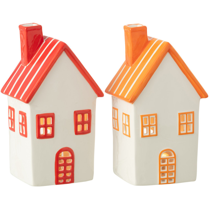 Lot de 2 Photophores design Maisons H 21 cm Dolomite Rouge Orange Blanc Motif rayures Casitia 