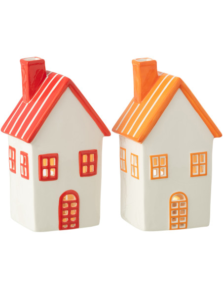 Lot de 2 Photophores design Maisons H 21 cm Dolomite Rouge Orange Blanc Motif rayures Casitia 