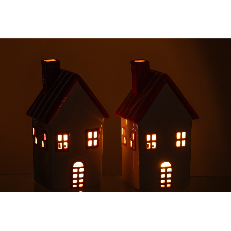 Lot de 2 Photophores design Maisons H 21 cm Dolomite Rouge Orange Blanc Motif rayures Casitia 