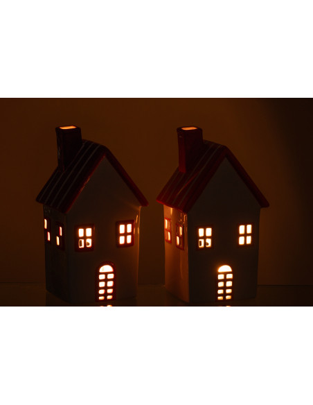 Lot de 2 Photophores design Maisons H 21 cm Dolomite Rouge Orange Blanc Motif rayures Casitia 