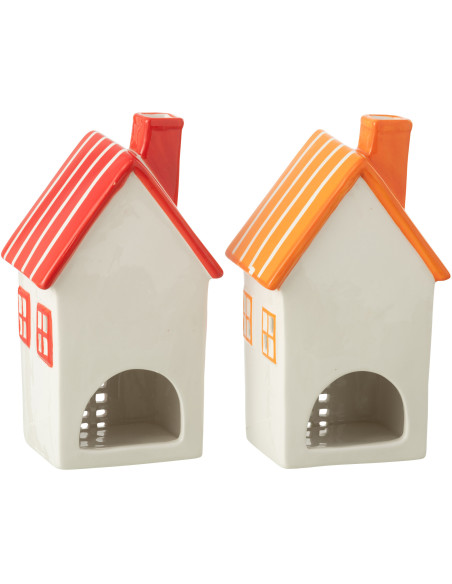 Lot de 2 Photophores design Maisons H 21 cm Dolomite Rouge Orange Blanc Motif rayures Casitia 