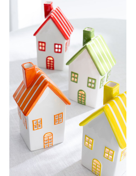 Lot de 2 Photophores design Maisons H 21 cm Dolomite Rouge Orange Blanc Motif rayures Casitia 