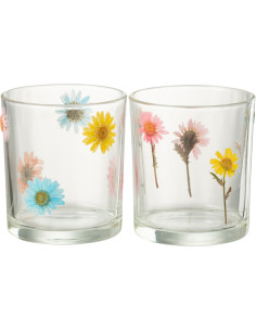 Lot de 2 Photophores Campagne chic D 9 cm Verre Transparent Motif fleurs Posy 