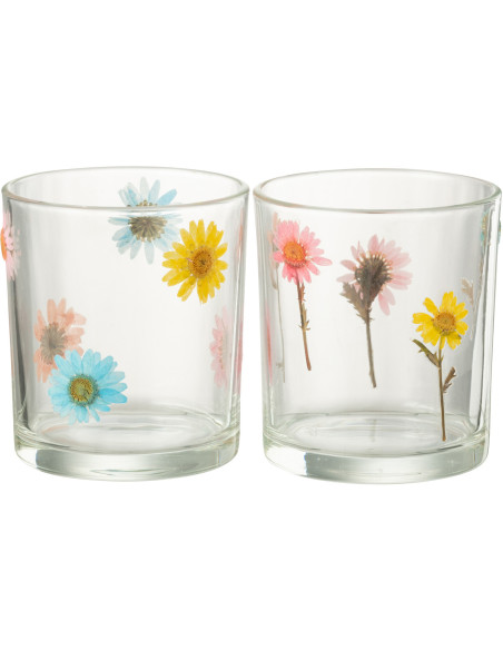 Lot de 2 Photophores Campagne chic D 9 cm Verre Transparent Motif fleurs Posy 