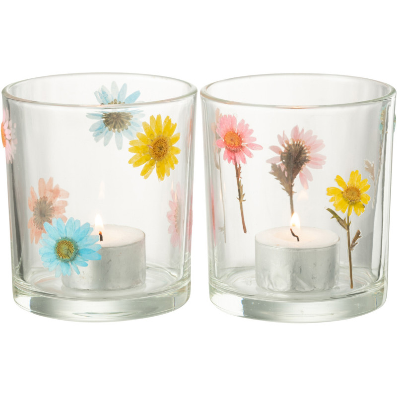 Lot de 2 Photophores Campagne chic D 9 cm Verre Transparent Motif fleurs Posy 