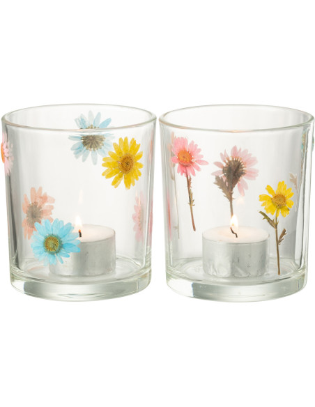 Lot de 2 Photophores Campagne chic D 9 cm Verre Transparent Motif fleurs Posy 
