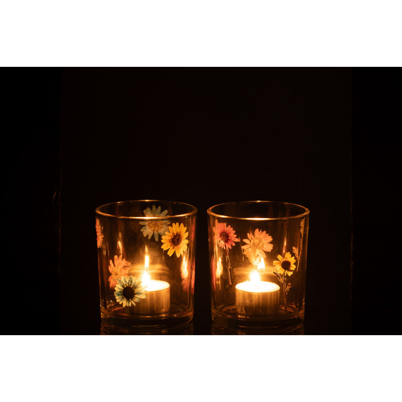 Lot de 2 Photophores Campagne chic D 9 cm Verre Transparent Motif fleurs Posy 