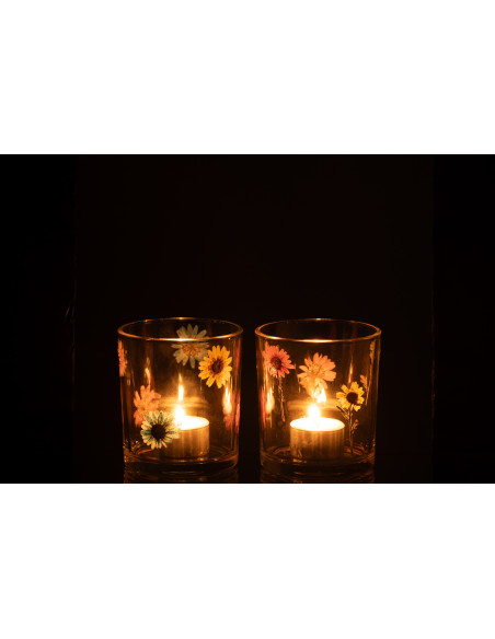Lot de 2 Photophores Campagne chic D 9 cm Verre Transparent Motif fleurs Posy 