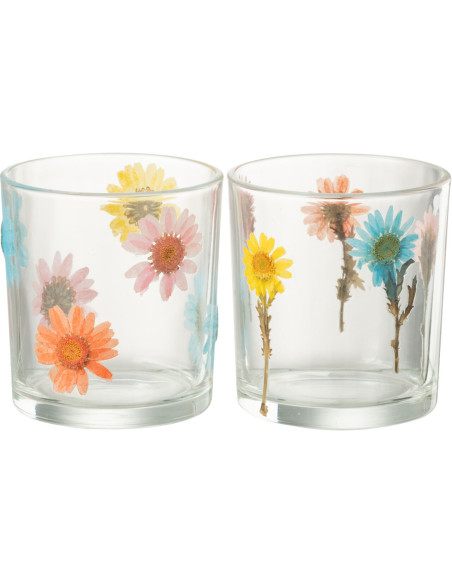 Lot de 2 Photophores Campagne chic D 7 cm Verre Transparent Motif fleurs Posy 