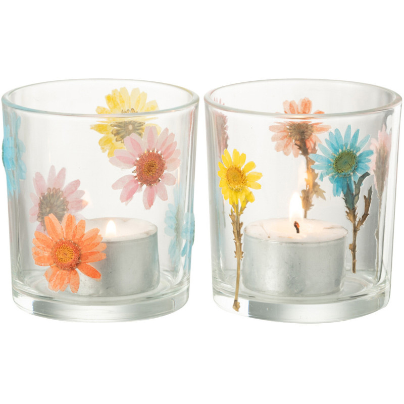 Lot de 2 Photophores Campagne chic D 7 cm Verre Transparent Motif fleurs Posy 