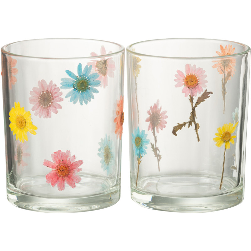 Lot de 2 Photophores Campagne chic D 10 cm Verre Transparent Motif fleurs Posy 