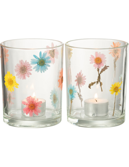 Lot de 2 Photophores Campagne chic D 10 cm Verre Transparent Motif fleurs Posy 