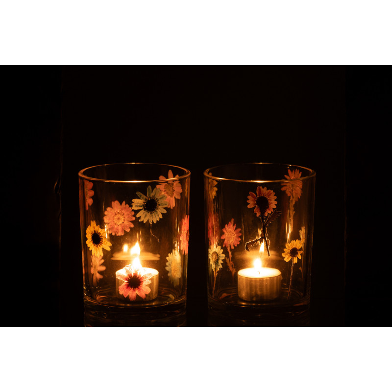 Lot de 2 Photophores Campagne chic D 10 cm Verre Transparent Motif fleurs Posy 