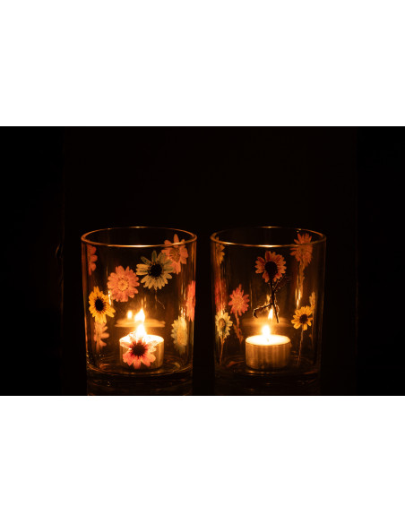 Lot de 2 Photophores Campagne chic D 10 cm Verre Transparent Motif fleurs Posy 