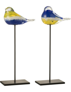 Lot de 2 Oiseaux déco sur pied H 35 cm Verre Bleu Jaune Métal Noir Avélys 