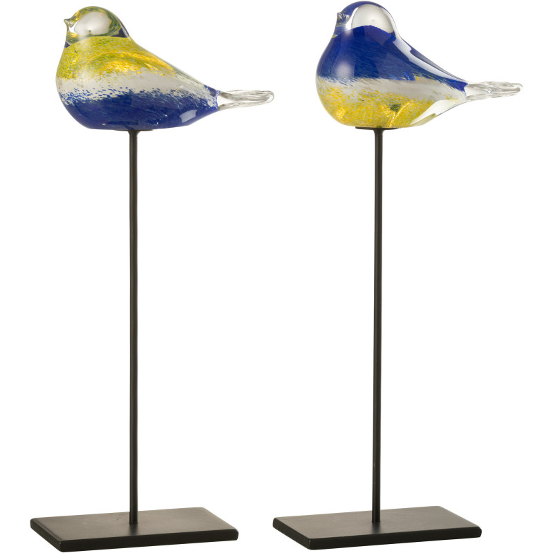 Lot de 2 Oiseaux déco sur pied H 35 cm Verre Bleu Jaune Métal Noir Avélys 