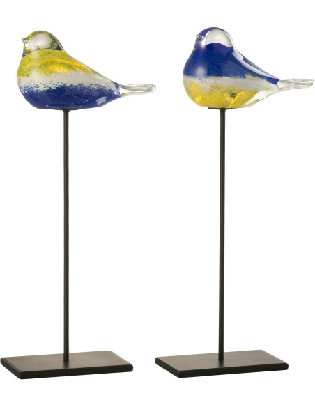 Lot de 2 Oiseaux déco sur pied H 35 cm Verre Bleu Jaune Métal Noir Avélys 