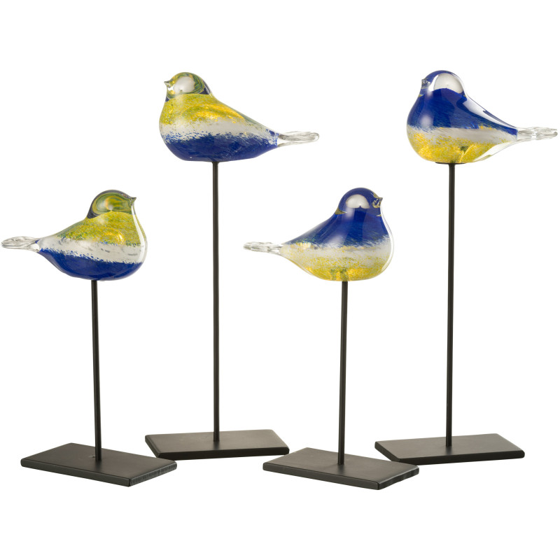 Lot de 2 Oiseaux déco sur pied H 35 cm Verre Bleu Jaune Métal Noir Avélys 