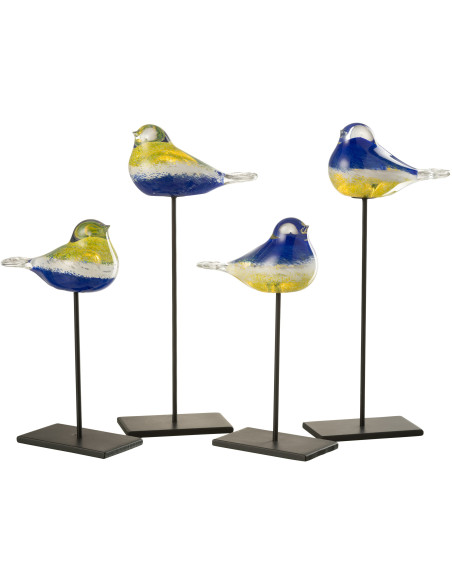 Lot de 2 Oiseaux déco sur pied H 35 cm Verre Bleu Jaune Métal Noir Avélys 