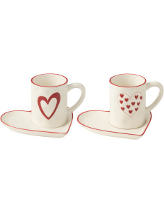 Lot de 2 Mugs avec sous-tasse romantique Coeurs Porcelaine Blanc Rouge Lovessy 