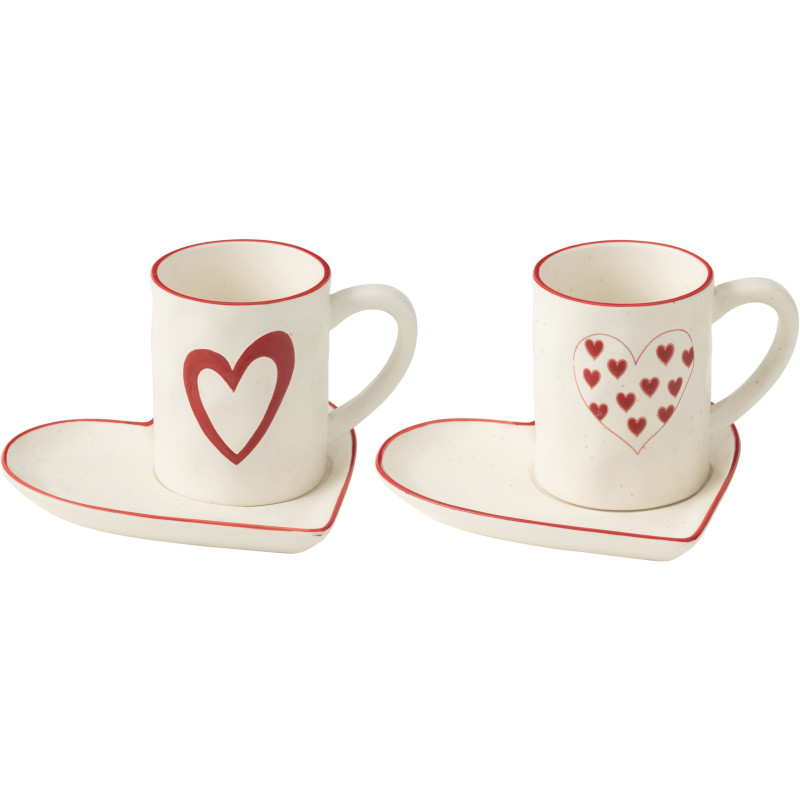 Lot de 2 Mugs avec sous-tasse romantique Coeurs Porcelaine Blanc Rouge Lovessy 