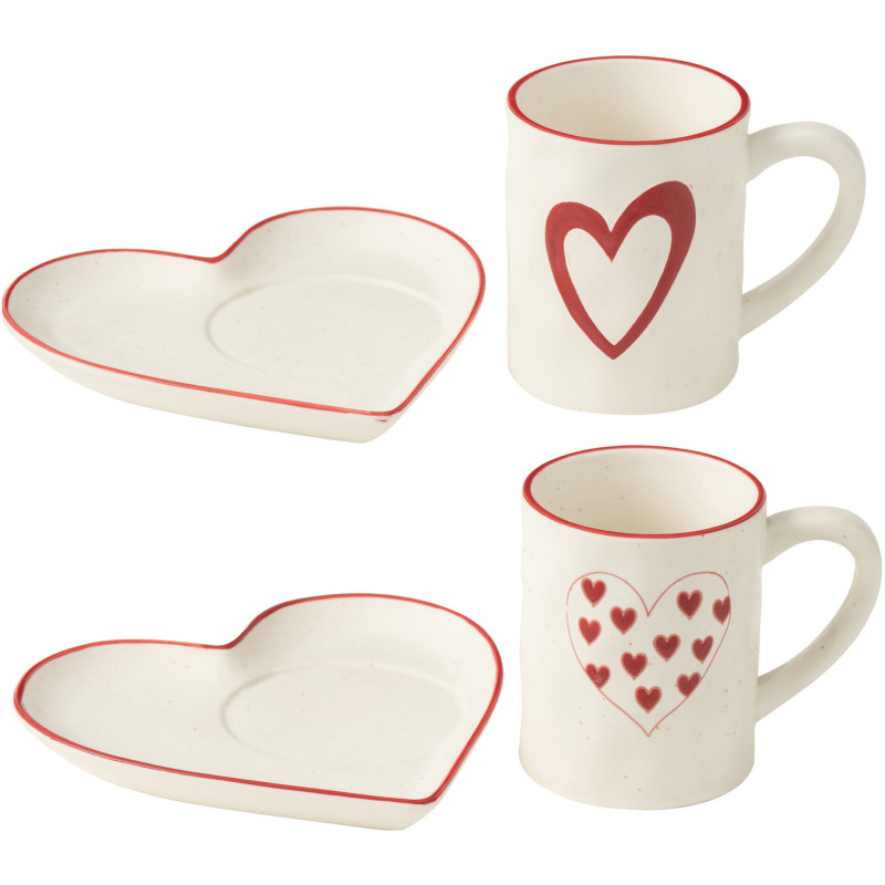 Lot de 2 Mugs avec sous-tasse romantique Coeurs Porcelaine Blanc Rouge Lovessy 