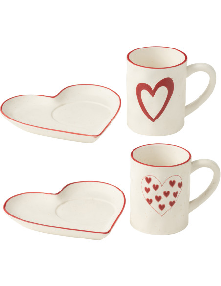 Lot de 2 Mugs avec sous-tasse romantique Coeurs Porcelaine Blanc Rouge Lovessy 
