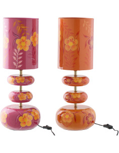 Lot de 2 Lampes à poser style seventies néo-folk H 59 cm Métal Orange Rose Laqué Motif fleurs Florezina 