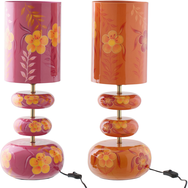 Lot de 2 Lampes à poser style seventies néo-folk H 59 cm Métal Orange Rose Laqué Motif fleurs Florezina 