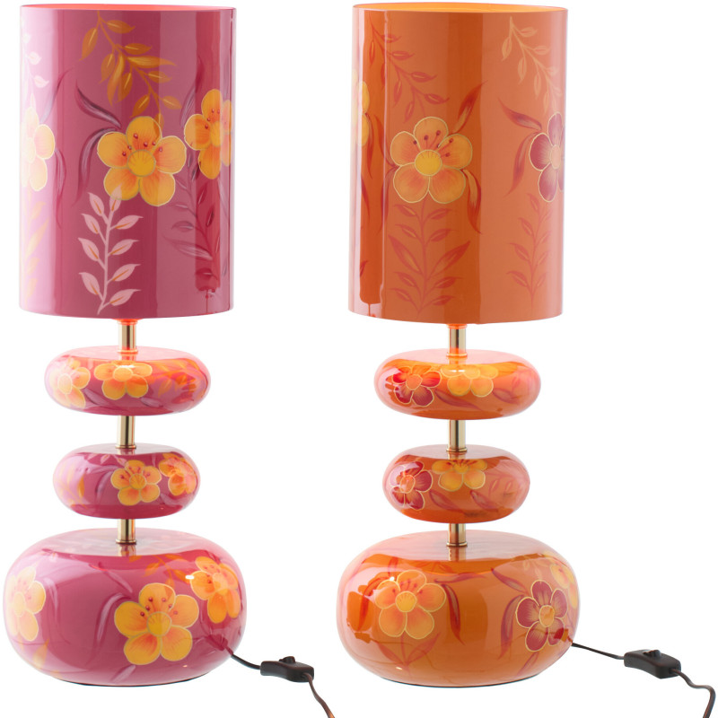 Lot de 2 Lampes à poser style seventies néo-folk H 59 cm Métal Orange Rose Laqué Motif fleurs Florezina 